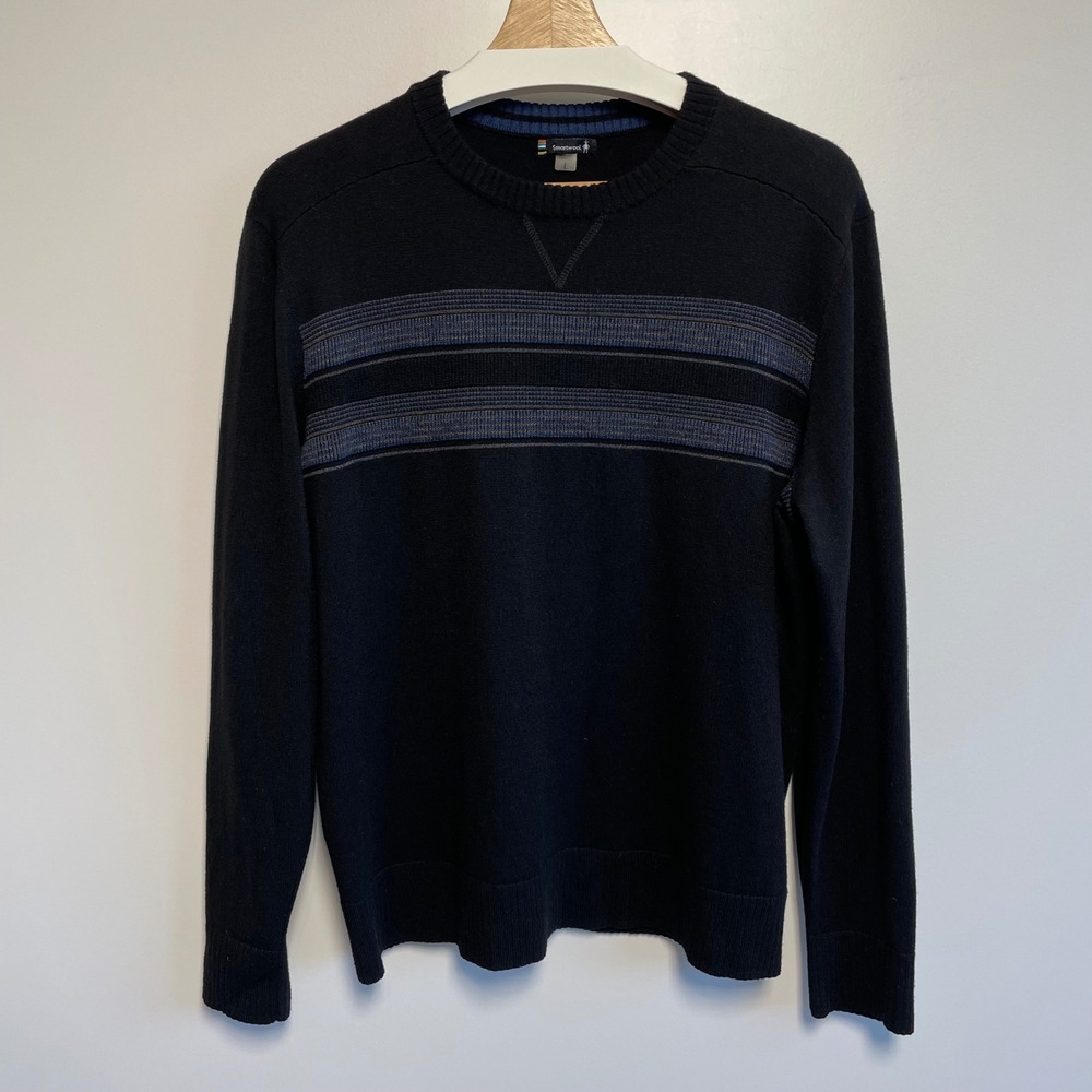 Smartwool‎ Men's Black Striped Crew Neck Sweater Size L Wool Blend Long Sleeve